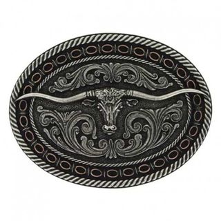 Two Tone Antiqued Round Barbed Longhorn Attitude Buckle