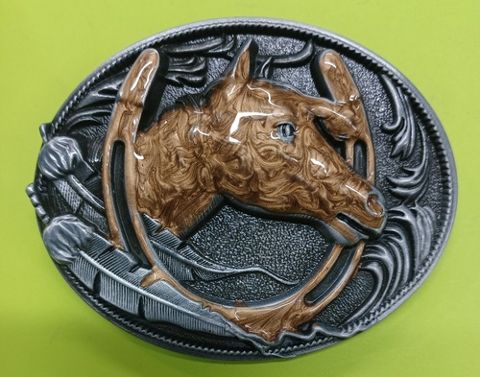 Bronze Horse in Horseshoe- Pewter Oval